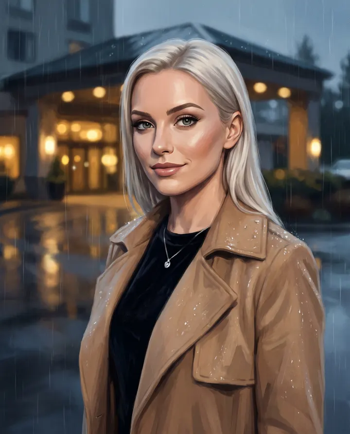 Ava Lindqvist, editor of the guide, in a camel trench coat on a rainy evening outside a lit hotel entrance